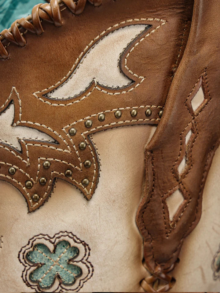 WOMEN'S HONEY HORSESHOE OVERLAY EMBROIDERY AND STUDS HANDWOVEN SNIP TOE TALL TOP COWBOY BOOT