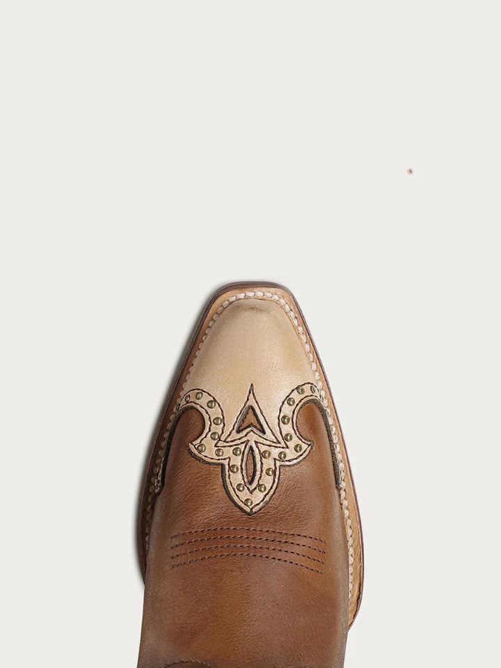 WOMEN'S HONEY HORSESHOE OVERLAY EMBROIDERY AND STUDS HANDWOVEN SNIP TOE TALL TOP COWBOY BOOT