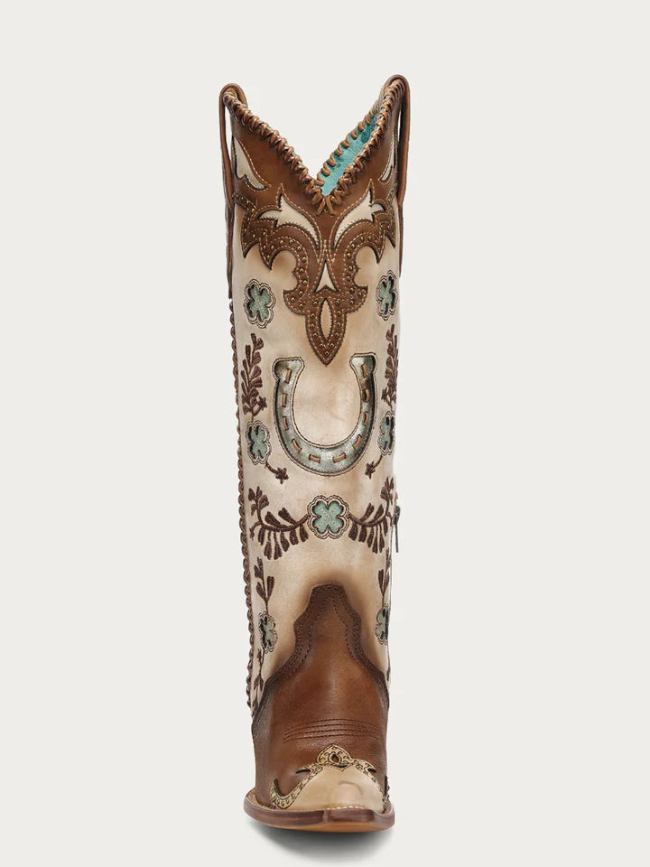 WOMEN'S HONEY HORSESHOE OVERLAY EMBROIDERY AND STUDS HANDWOVEN SNIP TOE TALL TOP COWBOY BOOT