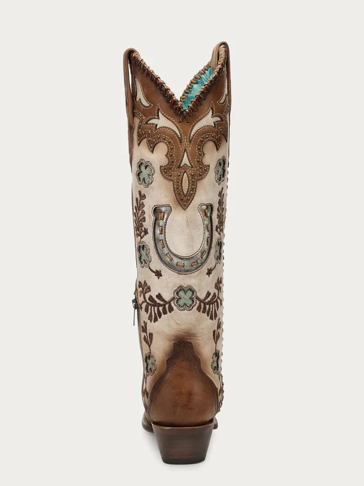 WOMEN'S HONEY HORSESHOE OVERLAY EMBROIDERY AND STUDS HANDWOVEN SNIP TOE TALL TOP COWBOY BOOT