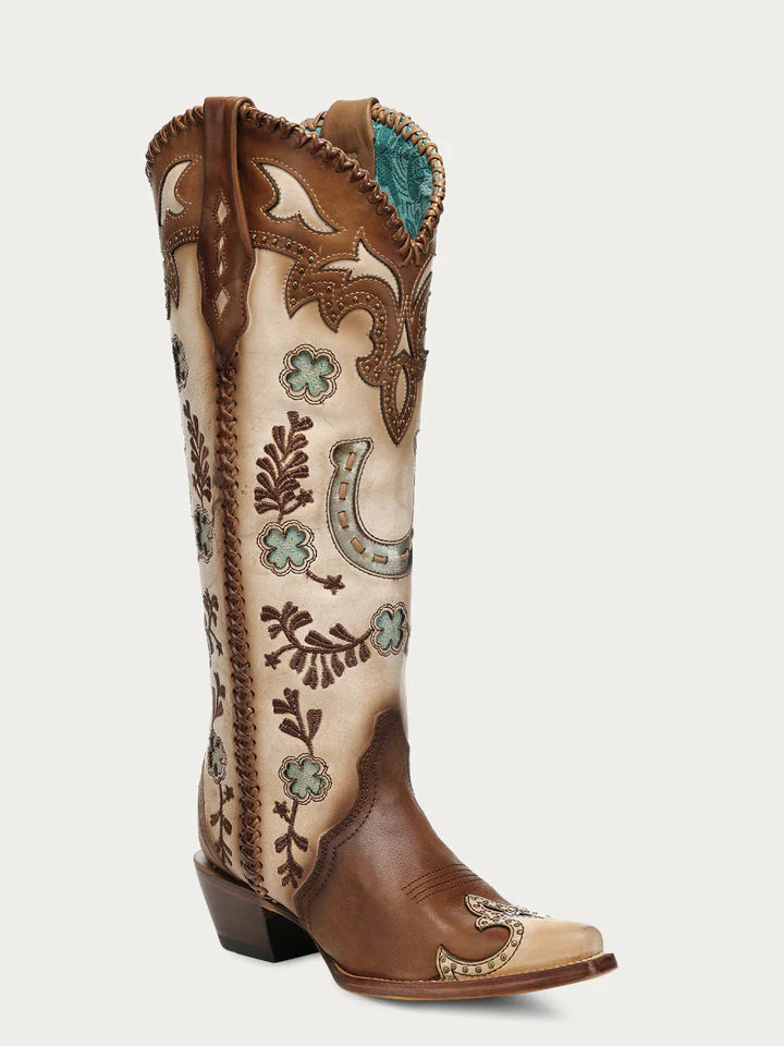 WOMEN'S HONEY HORSESHOE OVERLAY EMBROIDERY AND STUDS HANDWOVEN SNIP TOE TALL TOP COWBOY BOOT