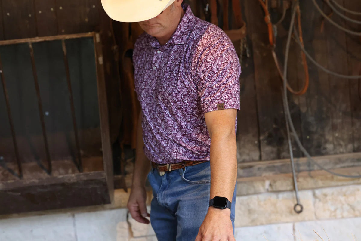 Lazy J Ranch Men's Floral Performance Polo Shirt - Purple