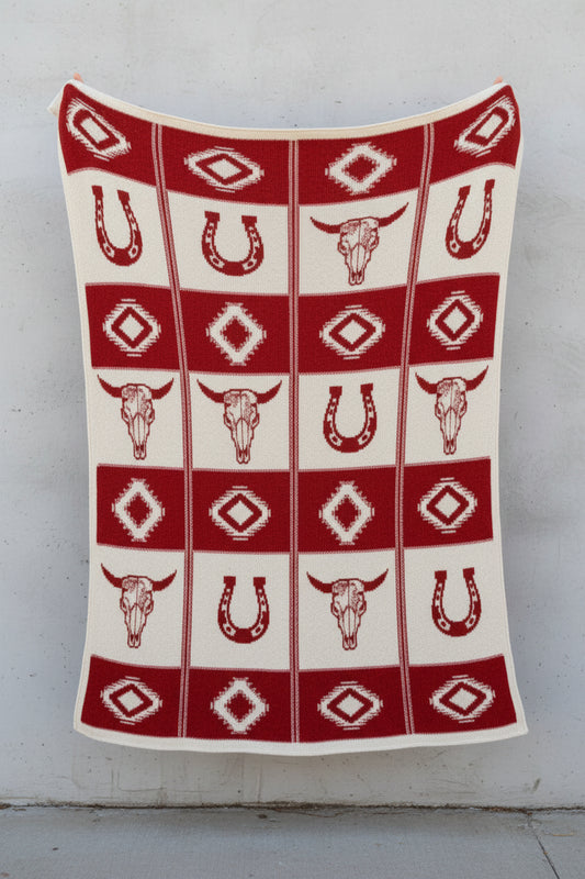 Red Cream Western Aztec Printed Knitted Polyester Microfiber Blanket (50in x 60in)
