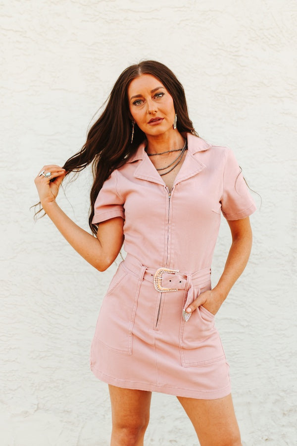 Pink Stretch Denim Western Short sleeve Buckle Dress