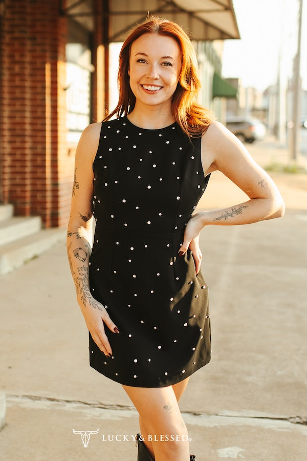 Black Rhinestone Sleeveless Back Open Dress