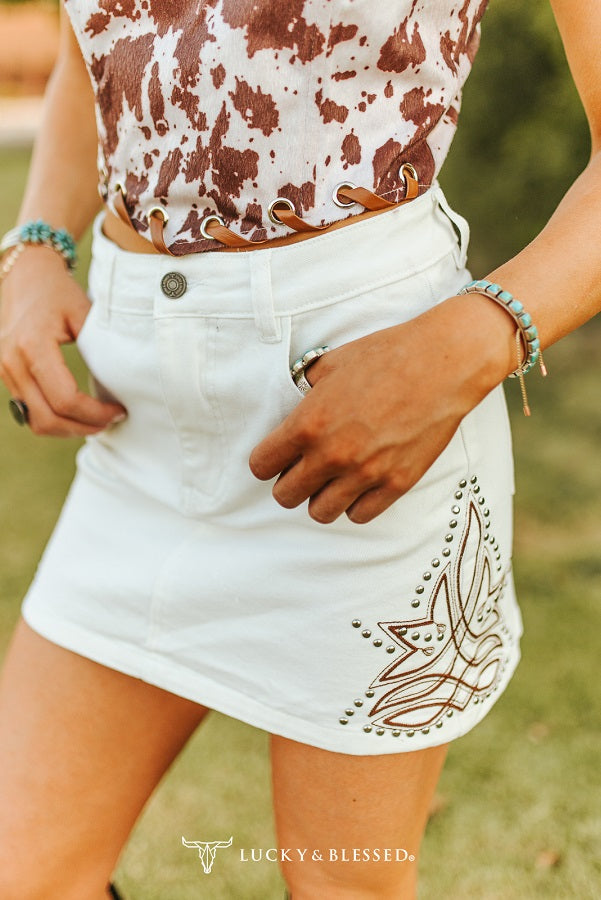 Ivory Denim Boot-stitch Embroidered Studded Skirt