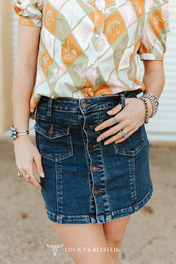 Mid Wash Stretch Denim Button Down Skirt