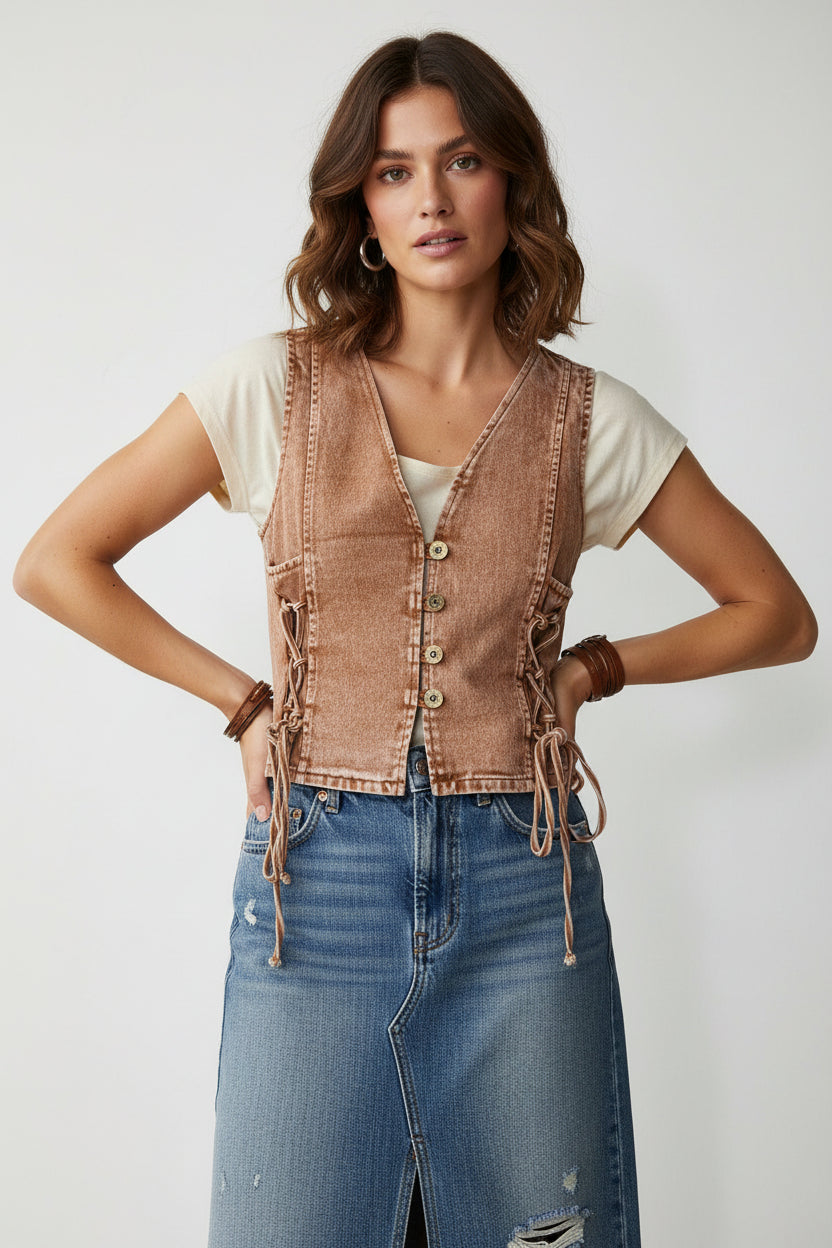 Wisteria Lane Denim Burnt Orange Vest with lace up sides