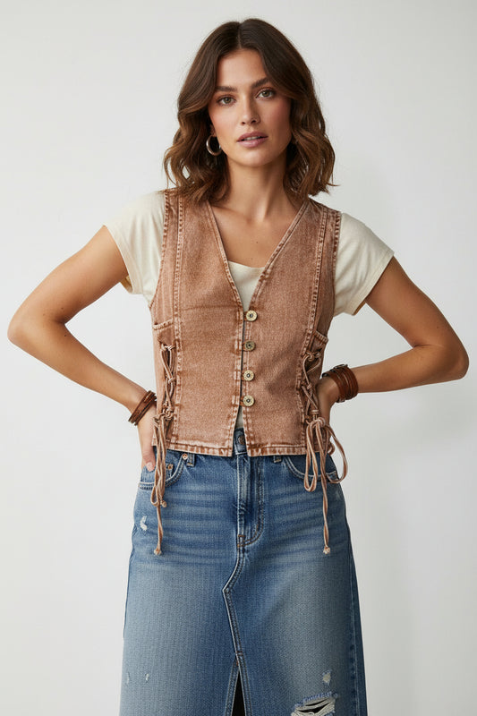 Wisteria Lane Denim Burnt Orange Vest with lace up sides
