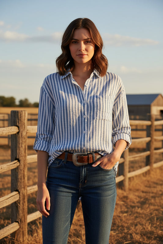 Striped 3/4 Sleeve Button-down Shirt