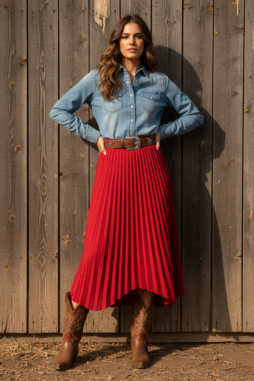 Asymmetrical High Waist Skirt- Red