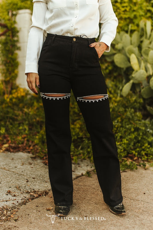 Black Rhinestone Thigh Cut Out Straight Trouser Jeans (31in Inseam)