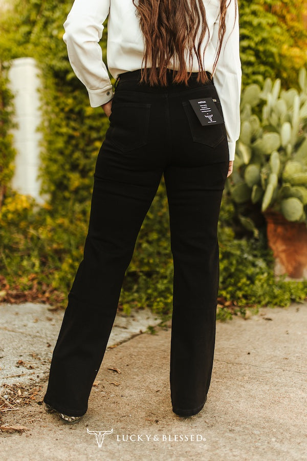 Black Rhinestone Thigh Cut Out Straight Trouser Jeans (31in Inseam)