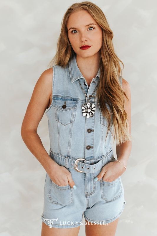 Light Wash Stretch Denim Western Vintage Buckle Romper