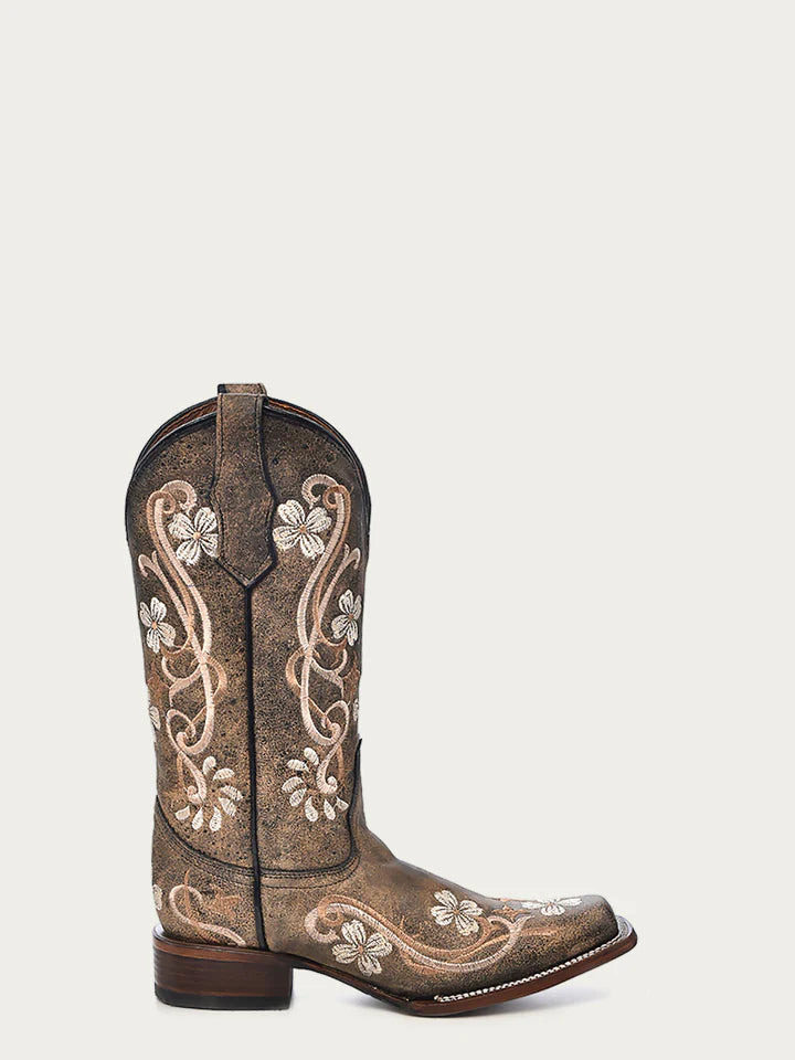 L5241 - WOMEN'S FADED BLACK MULTI COLOR FLORAL EMBROIDERY SQUARE TOE CIRCLE G COWBOY BOOT