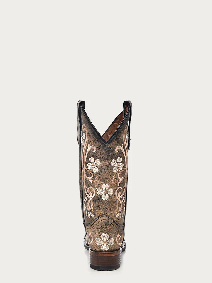 L5241 - WOMEN'S FADED BLACK MULTI COLOR FLORAL EMBROIDERY SQUARE TOE CIRCLE G COWBOY BOOT