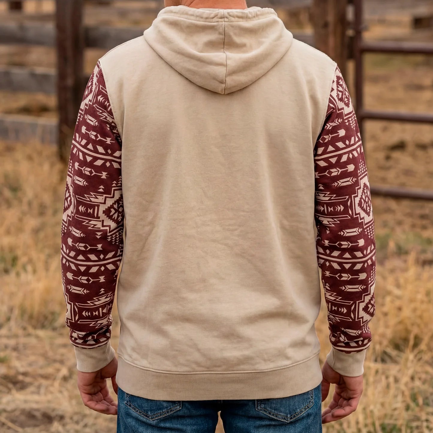 Lazy J Ranch Aztec Long Sleeve Hoodie - Tan & Maroon