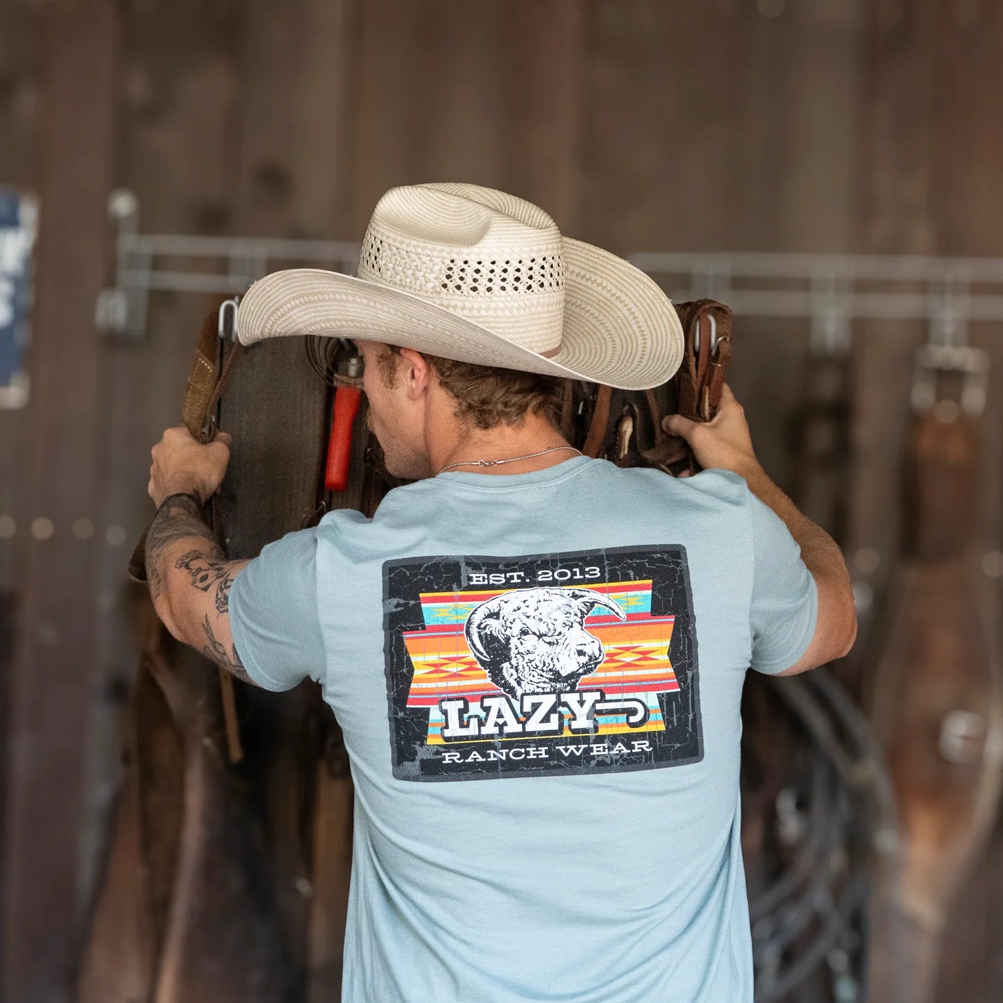 Lazy J Ranch Feed Yard Short Sleeve T-Shirt - Sage Blue