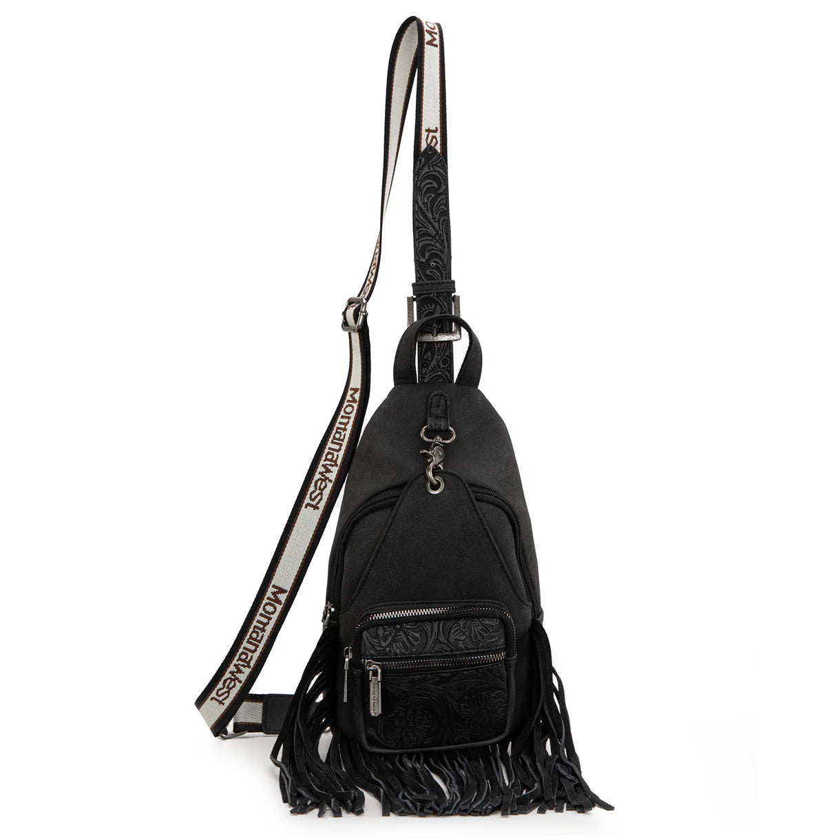 MW1276-S9110 Montana West Tooled Fringe Sling Bag - Black
