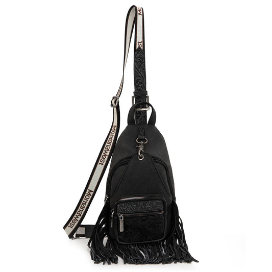 MW1276-S9110 Montana West Tooled Fringe Sling Bag - Black