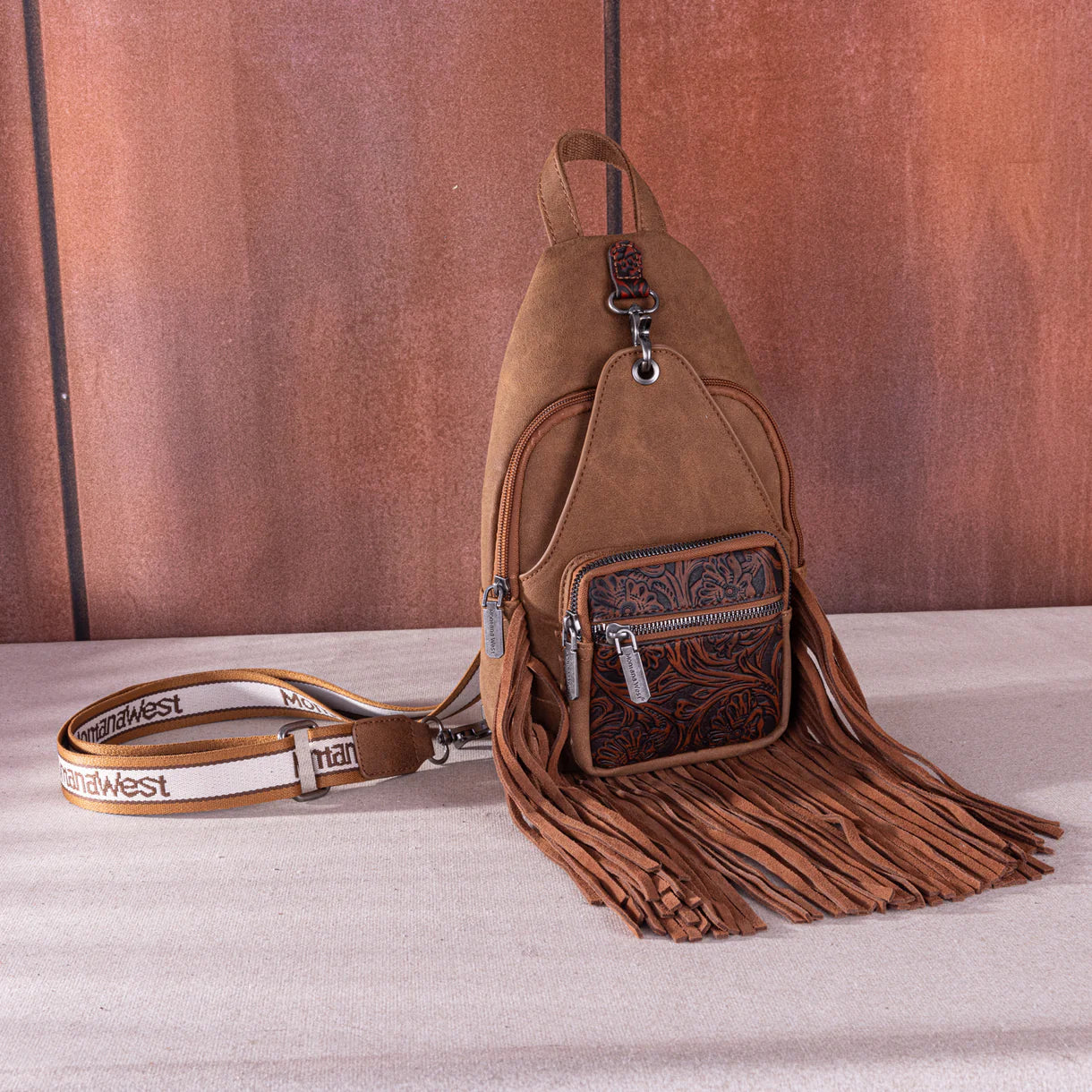 Montana West Tooled Fringe Sling Bag - Brown