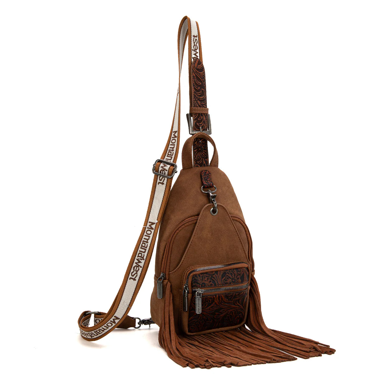 Montana West Tooled Fringe Sling Bag - Brown