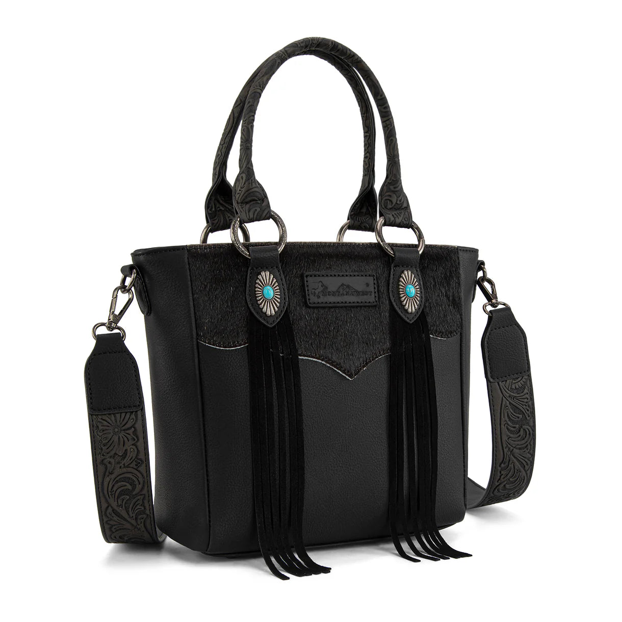 MW1358G-8120 Montana West Hair-On Hide Concealed Carry Tote Bag with Tooled Strap - Black