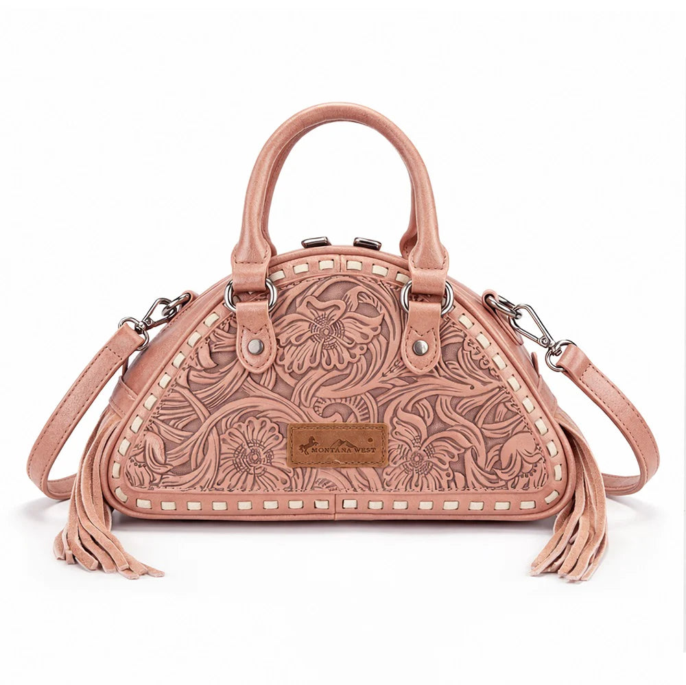 Floral Fringe Dome Satchel Bag - Dark Pink