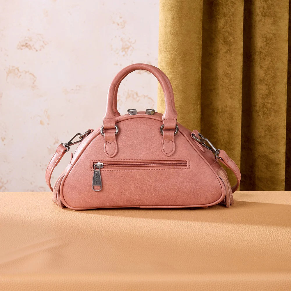 Floral Fringe Dome Satchel Bag - Dark Pink