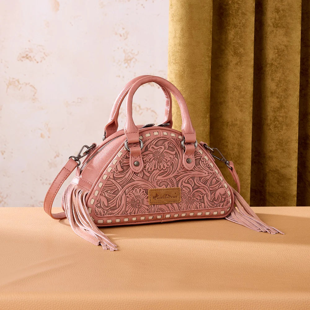 Floral Fringe Dome Satchel Bag - Dark Pink