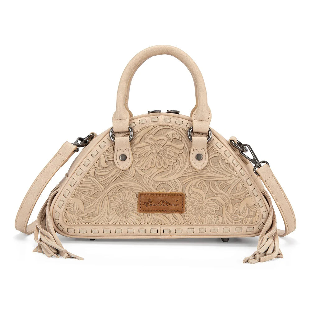 Montana West Tooled Floral Fringe Dome Satchel Bag - Tan
