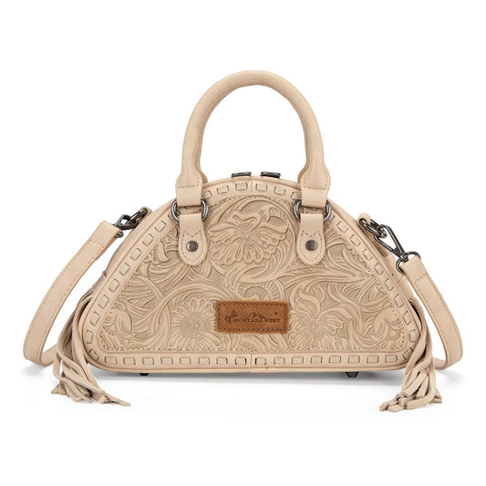 Montana West Tooled Floral Fringe Dome Satchel Bag - Tan