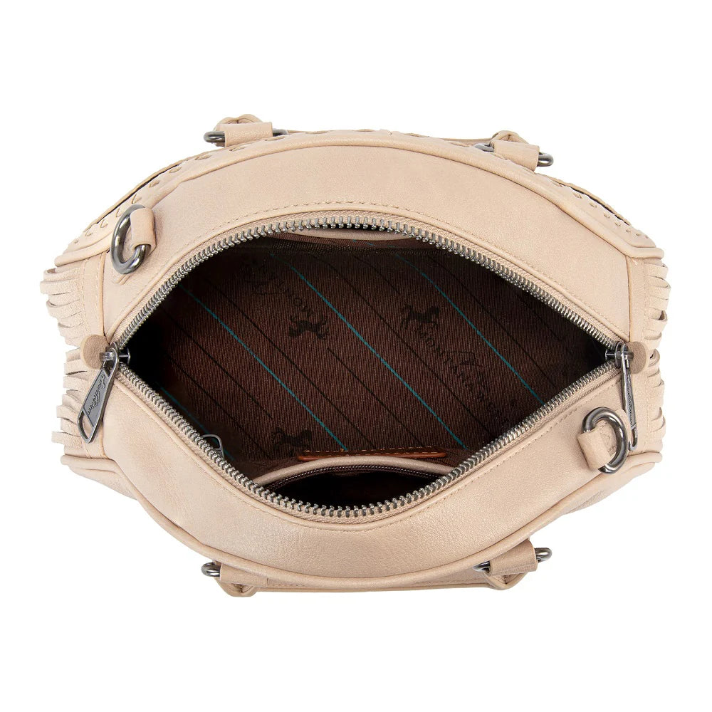 Montana West Tooled Floral Fringe Dome Satchel Bag - Tan