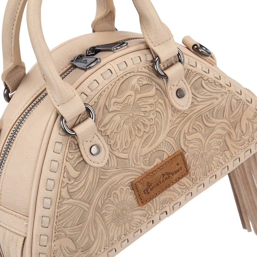 Montana West Tooled Floral Fringe Dome Satchel Bag - Tan
