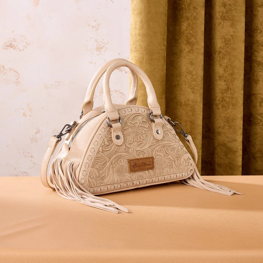 Montana West Tooled Floral Fringe Dome Satchel Bag - Tan
