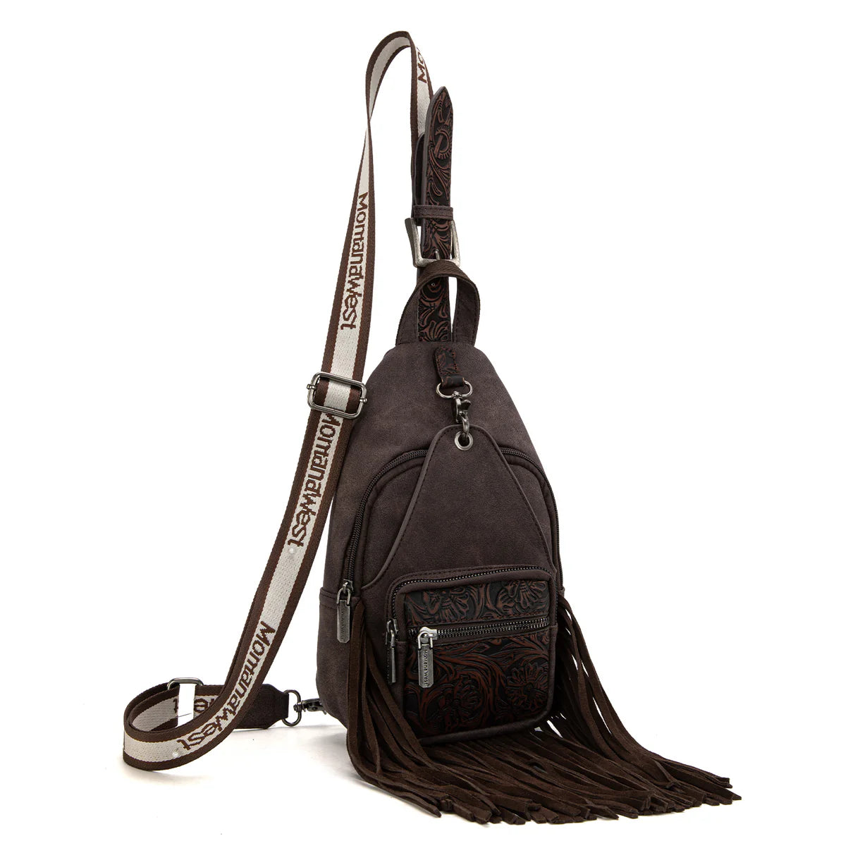 MW1276-S9110 Montana West Tooled Fringe Sling Bag - Coffee