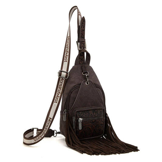 MW1276-S9110 Montana West Tooled Fringe Sling Bag - Coffee