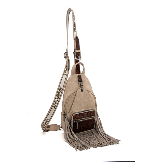 MW1276-S9110 Montana West Tooled Fringe Sling Bag - Tan