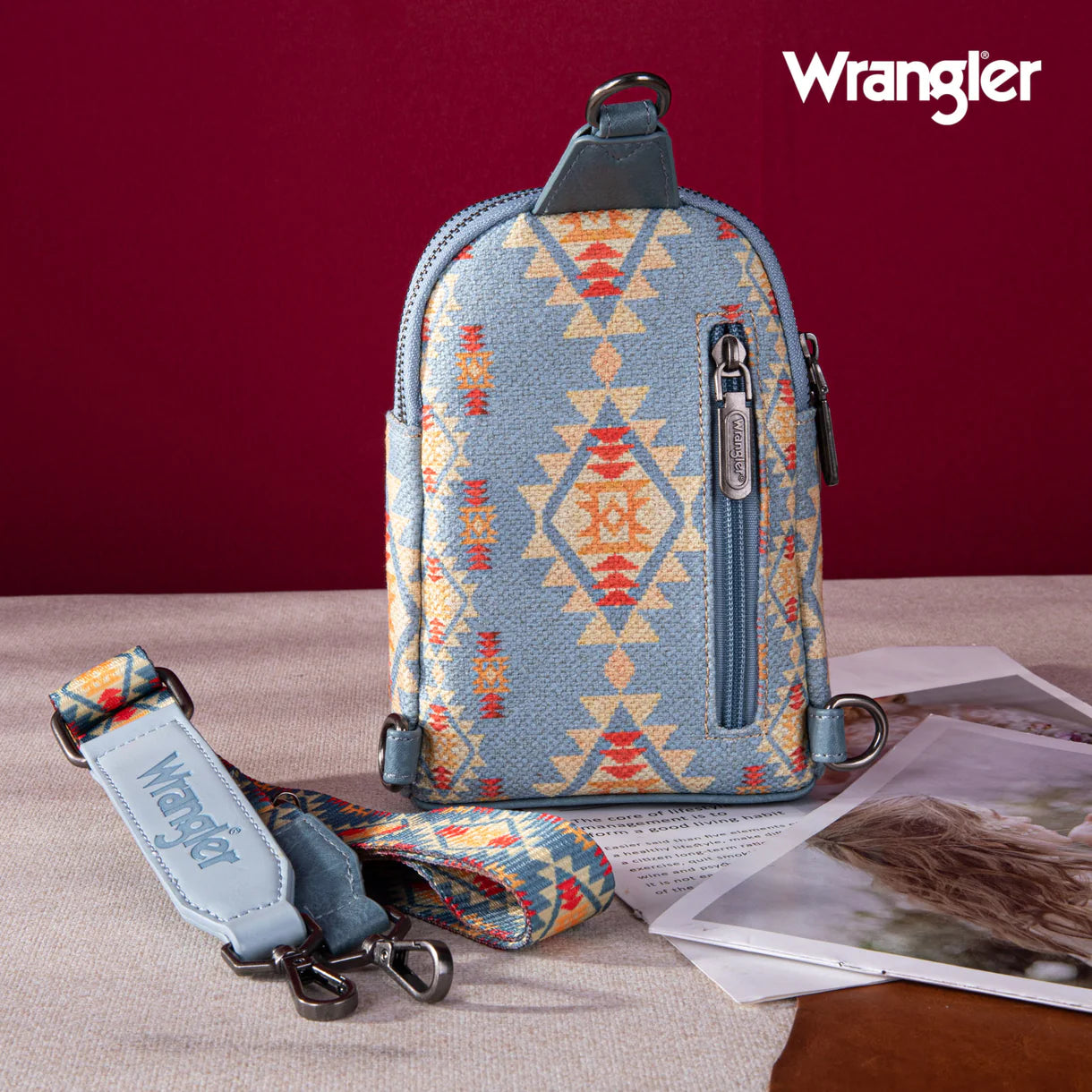 WG2205-210 Wrangler Aztec Print Crossbody Sling Chest Bag - Jean
