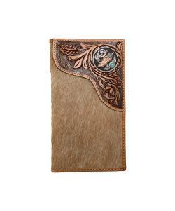 Nocona Mens Rodeo Style Wallet Tooled Overlay Feather Concho Tan