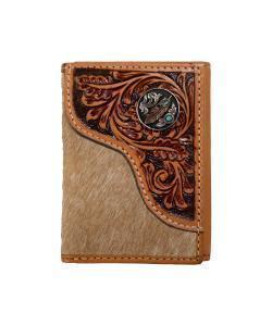 Nocona Mens Trifold Wallet Tooled Overlay Feather Concho Tan