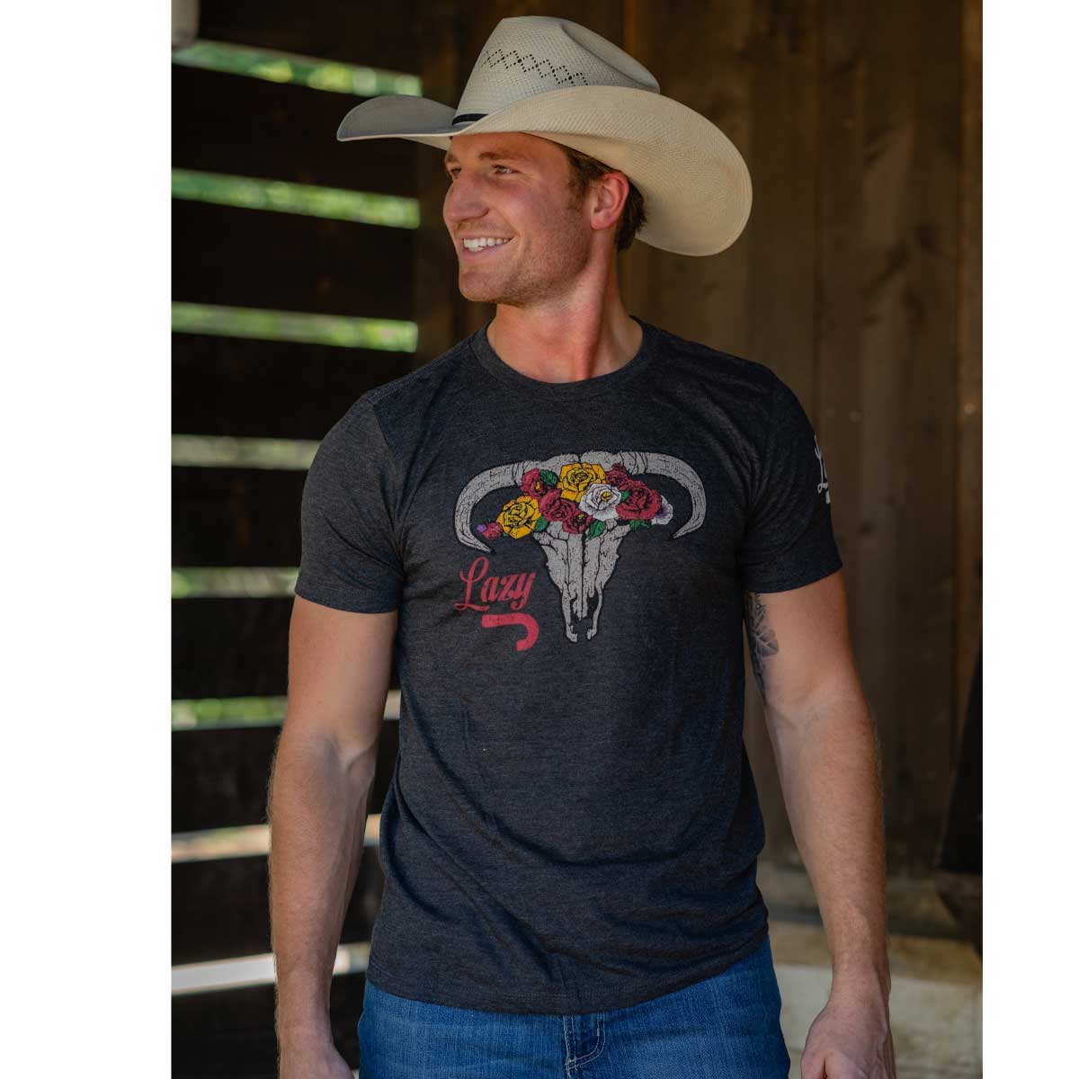 Lazy J Ranch Skull & Flowers Short Sleeve T-Shirt - Dark Grey