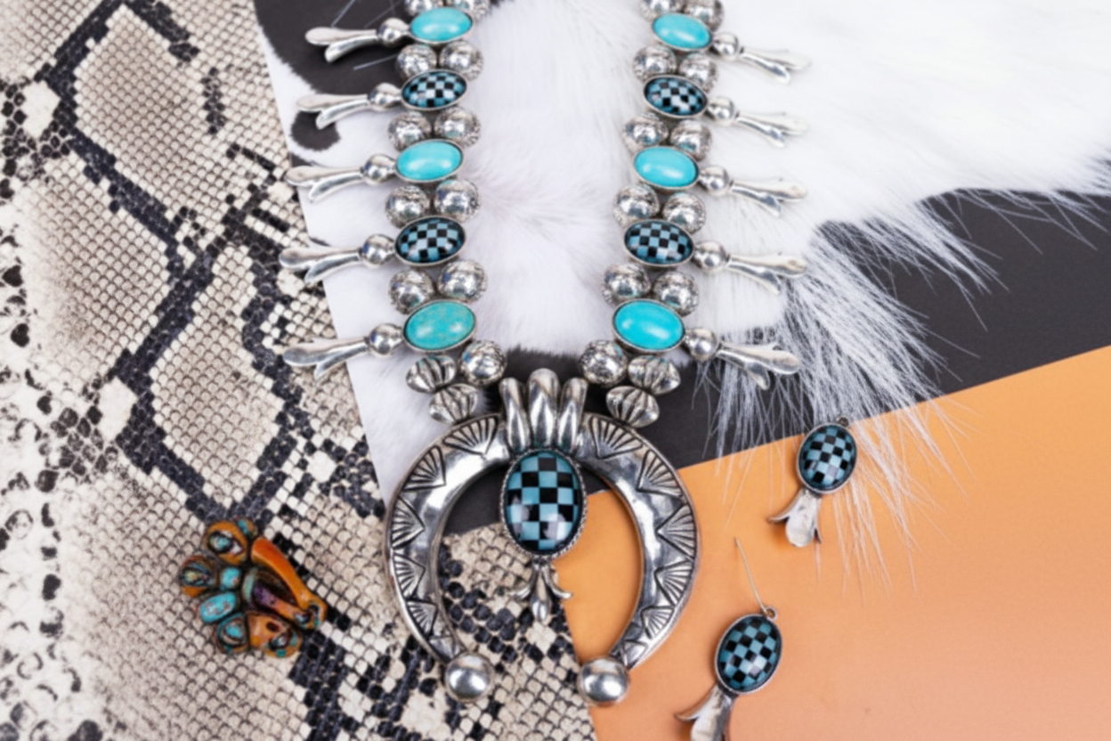 Tipi Turquoise Riviera Rodeo Squash Blossom Necklace and Earring Set