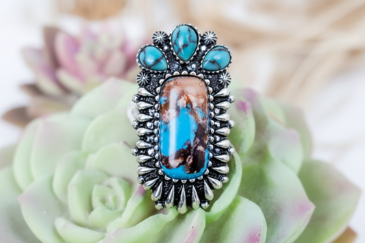Brown and Blue Twilight Trail Silvertone Stretch Ring