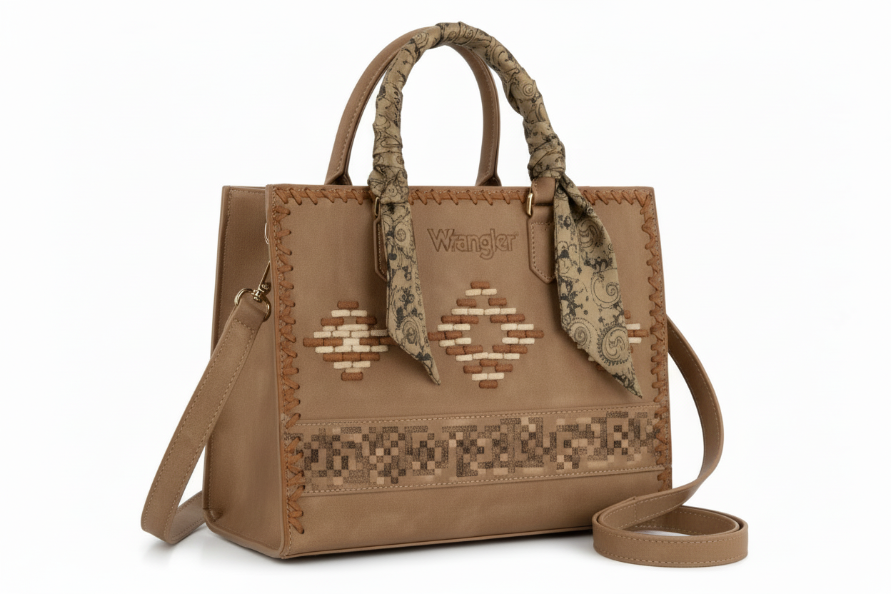 WG310-8120KH Wrangler Whipstitch Aztec Satchel/Crossbody with Scarf Handle -Khaki