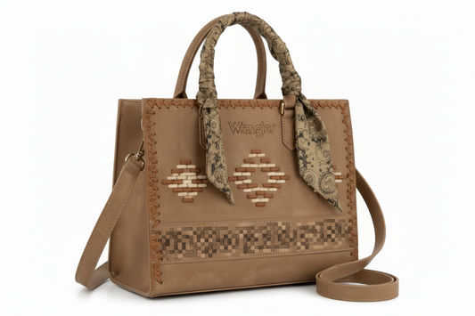 WG310-8120KH Wrangler Whipstitch Aztec Satchel/Crossbody with Scarf Handle -Khaki