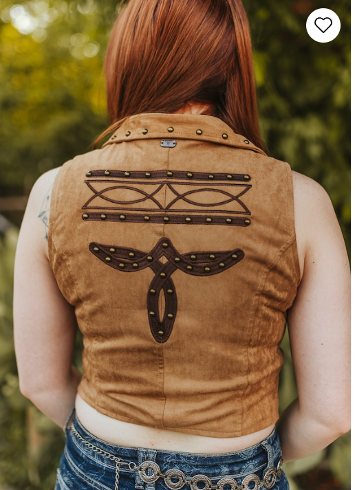 Brown Stretch Suede Sleeveless Studded Patch Detail Zip Up Top