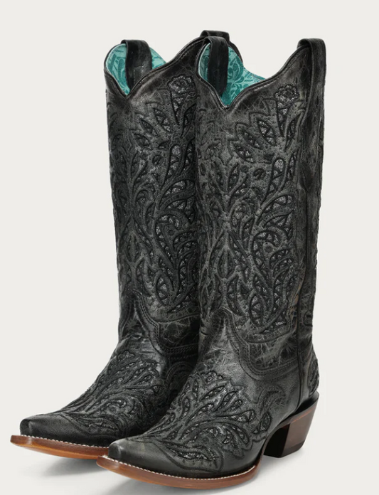 A5095 - WOMEN'S BLACK GLITTER INLAY AND EMBROIDERY SNIP TOE COWBOY BOOT
