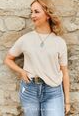 Beige Oatmeal Relaxed Contrast Stitch Short Sleeve Top
