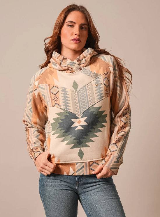 KIMES RANCH WOMEN'S ELLA SAND AZTEC PRINT COWL NECK HOODIE